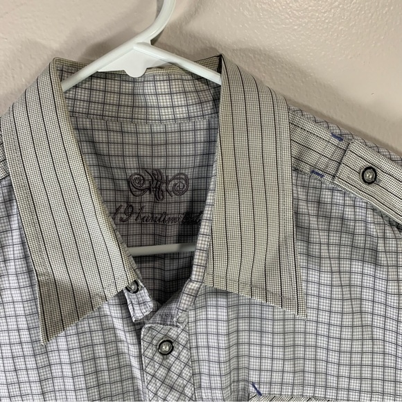 Men’s button-down shirt plaid short sleeve grid pattern white gray large stripes - Picture 2 of 8